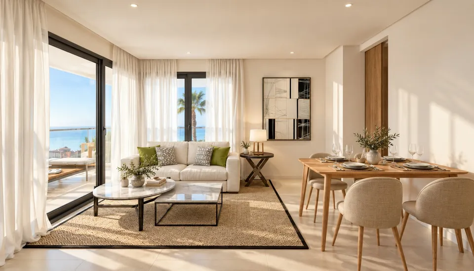 ABA Homes Playa II — salón con cocina abierta (infografía)