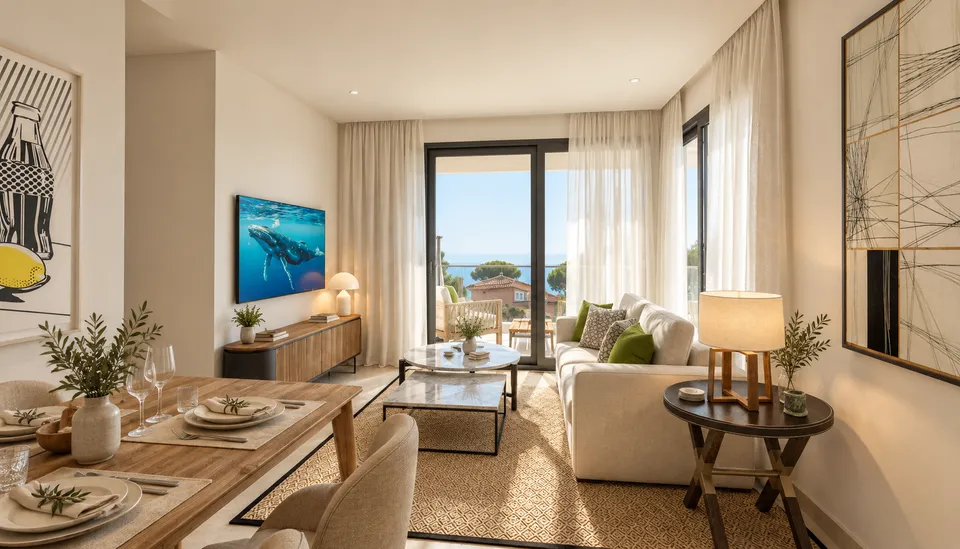 ABA Homes Playa II — salón-comedor con salida a la terraza (infografía)