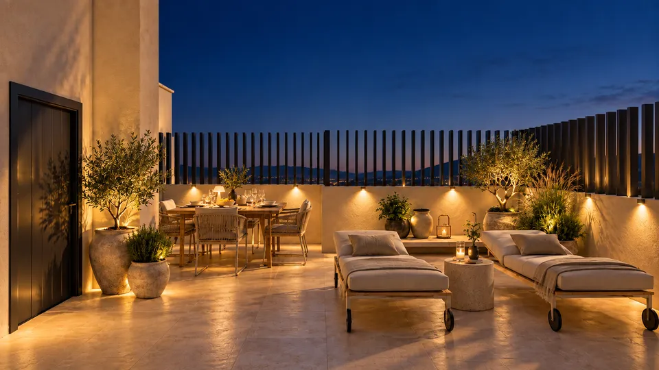 ABA Homes Playa II — solárium del ático al atardecer (infografía)